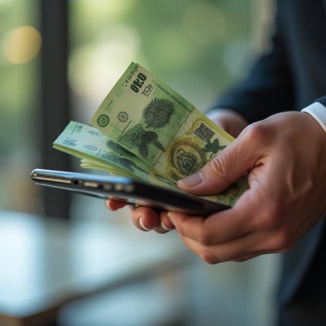 Cash being exchanged for a smartphone - instant payment for your phone